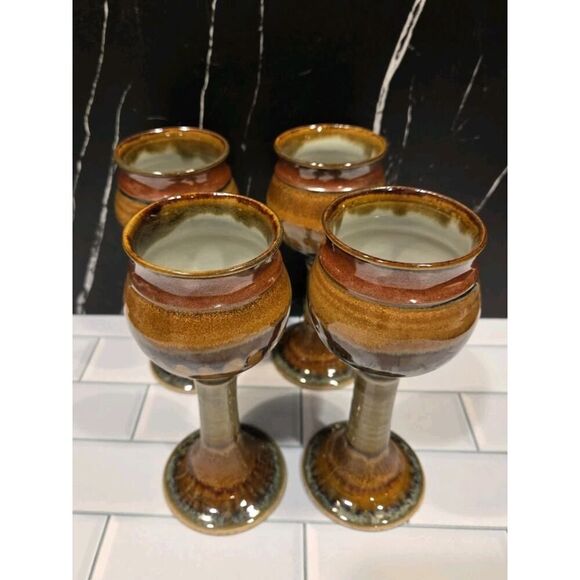 Studio Pottery Wine Goblets/Chalices (4) Hand Crafted Artist JT Brown Cream 7" - Picture 13 of 16